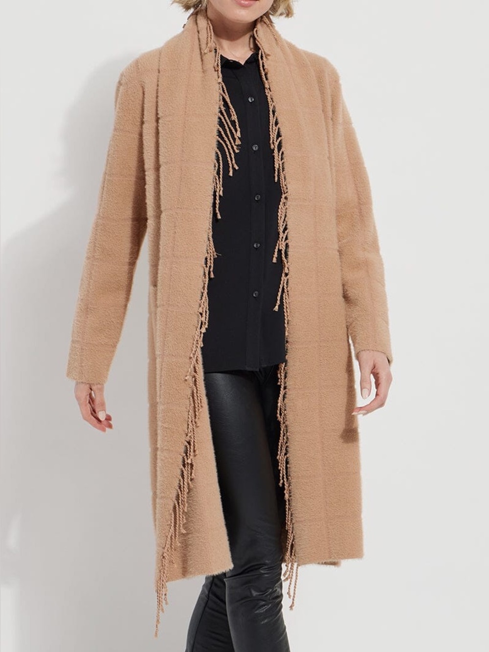 LYSSE ALICE FRINGE SWEATER COAT MACAROON PLAID